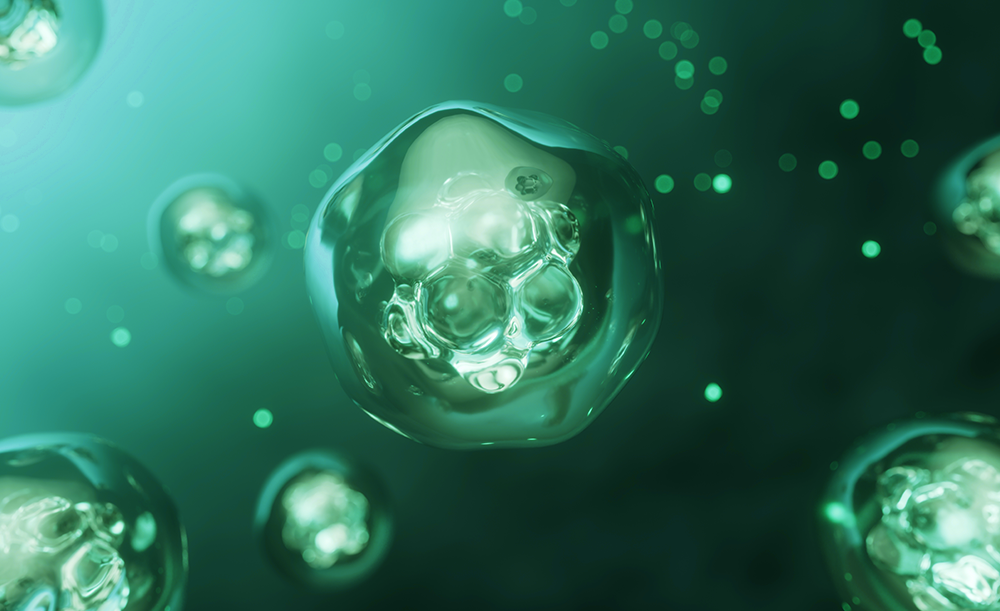 핑크슬림주사의 효능을 간접적으로 표현한 이미지. 초록색 배경에 초록색 방울들이 떠다니는 모습