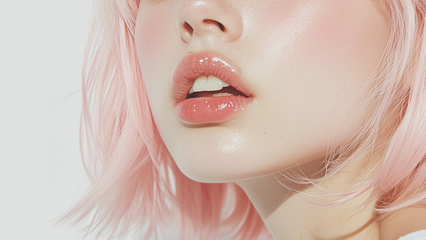 분홍색 머리색을 가진 여성의 하관만 나와있는 이미지입니다. 페이스 아큐주사를 강조하기 위해 피부에 광채가 나는 모습입니다.