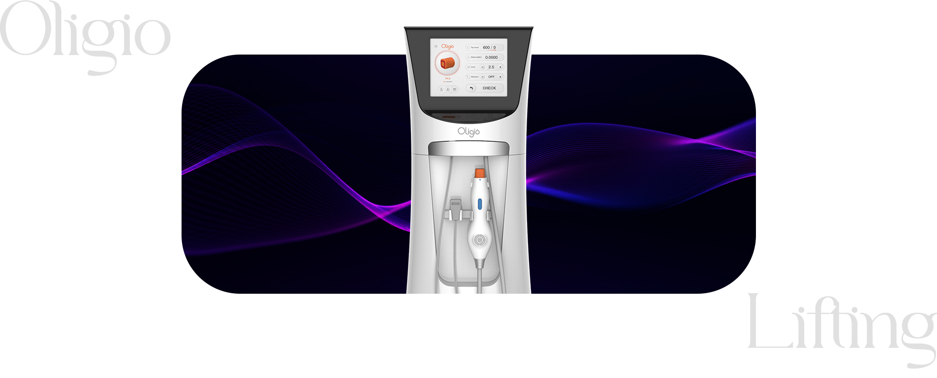 올리지오 리프팅 기기의 이미지입니다. 뒷 배경에는 검은 바탕에 자주색의 선들이 곡선을 이루며 이어지고 있습니다.
