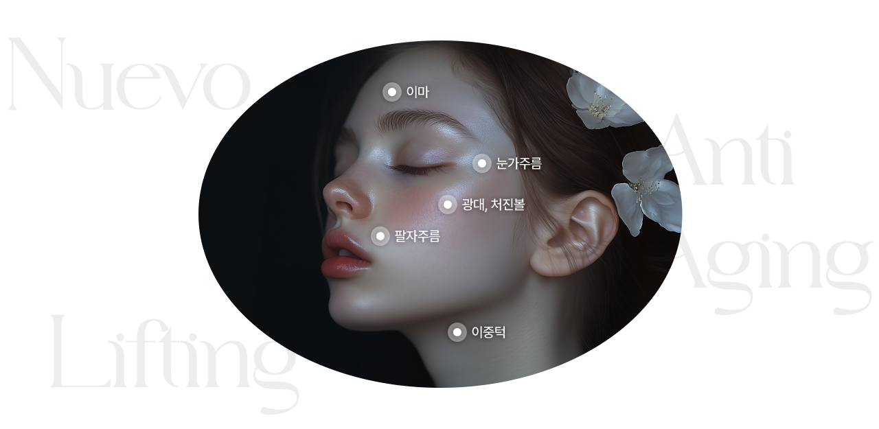 가로로 긴 타원형 이미지틀 안에 여성이 눈을 감고 좌측을 바라보고 있습니다. 이마, 눈가주름, 광대, 팔자주름, 이중턱에 흰색 점을 배치하여 각 부분을 강조하고 있습니다.