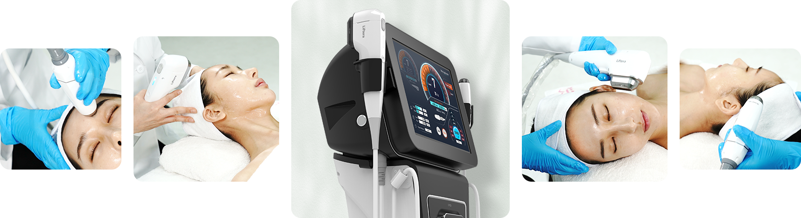 중앙에는 리프테라 리프팅 기기가 우측 65도 정도 틀어져있는 모습이며 좌, 우 각 2개의 여성의 사진이 있습니다. 여성은 리프테라 시술을 받고 있는 모습입니다.