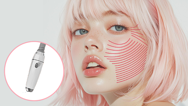 리프테라 리프팅의 펜타입 시술의 예시 이미지입니다. 분홍색 머리의 여성이 왼쪽으로 얼굴을 튼 채, 정면을 응시하고 있습니다. 왼쪽 볼에는 붉은 곡선들이 빼꼭하게 채워져있습니다.