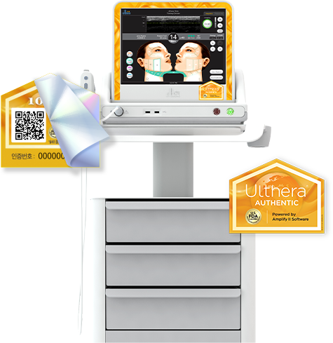 울쎄라리프팅 기기 이미지입니다. 좌측에는 QR코드, 우측에는 울쎄라리프팅 정품팁 인증서가 배치되어 있습니다.