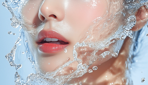 여성의 얼굴에 물이 닿는 모습입니다. 스킨부스터의 효능인 촉촉함을 표현하기 위한 간접적인 이미지입니다.
