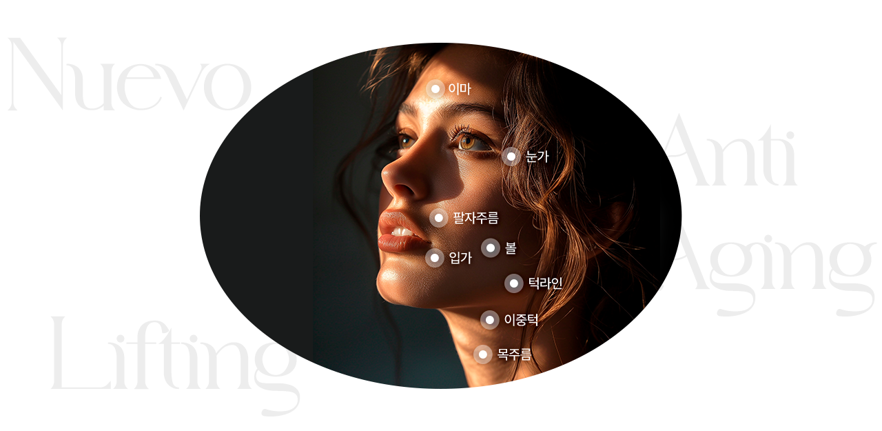 가로로 긴 타원형 이미지 틀에 왼쪽 위를 바라보고 있는 여성의 사진이 있습니다. 이마, 눈가, 팔자주름, 볼, 입가, 턱라인, 이중턱, 목주름에 흰색 점을 배치하여 각 부분들을 강조하고 있습니다. 여성은 황색 빛의 눈동자를 가지고 있습니다.