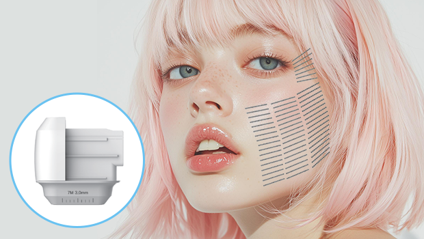 리프테라 리프팅의 라인타입 시술의 예시 이미지입니다. 분홍색 머리의 여성이 왼쪽으로 얼굴을 튼 채, 정면을 응시하고 있습니다. 왼쪽 볼에는 일자 가로선들이 빼꼭하게 채워져있습니다.