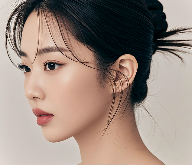 동양인 여성이 좌측을 바라보며 무표정하게 있습니다. 검은색 머리색과 눈동자색을 가졌으며, 현재 머리를 묶은 상태입니다.