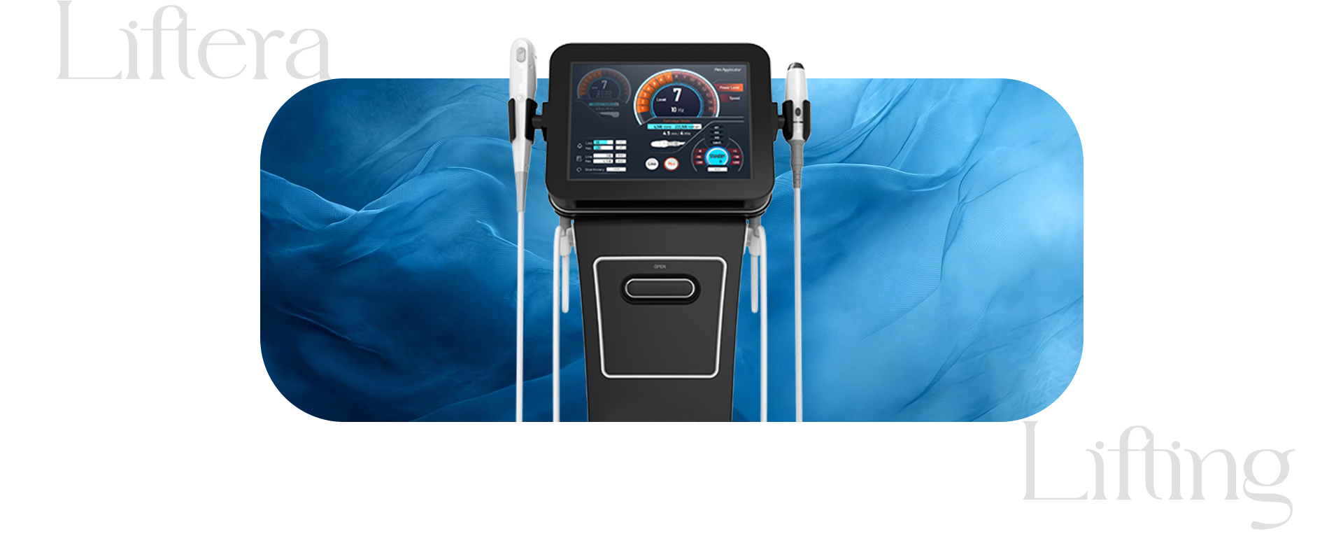 리프테라 리프팅 기기의 정면 이미지입니다. 뒷 배경에는 파란색 물결들이 흐르고 있습니다.