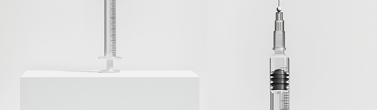 좌측에는 박스 위에 올려져 있는 주사기, 우측에는 다른 주사기가 있는 모습입니다. 두 개의 주사기 모두 필러 주사기임을 간접적으로 표현하고 있습니다.