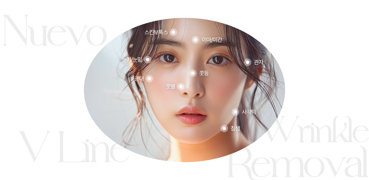 여성이 정면을 바라보고 있습니다. 관자, 콧등, 콧볼, 광대, 침샘 등 보톡스를 맞을 수 있는 부위를 알려줍니다.