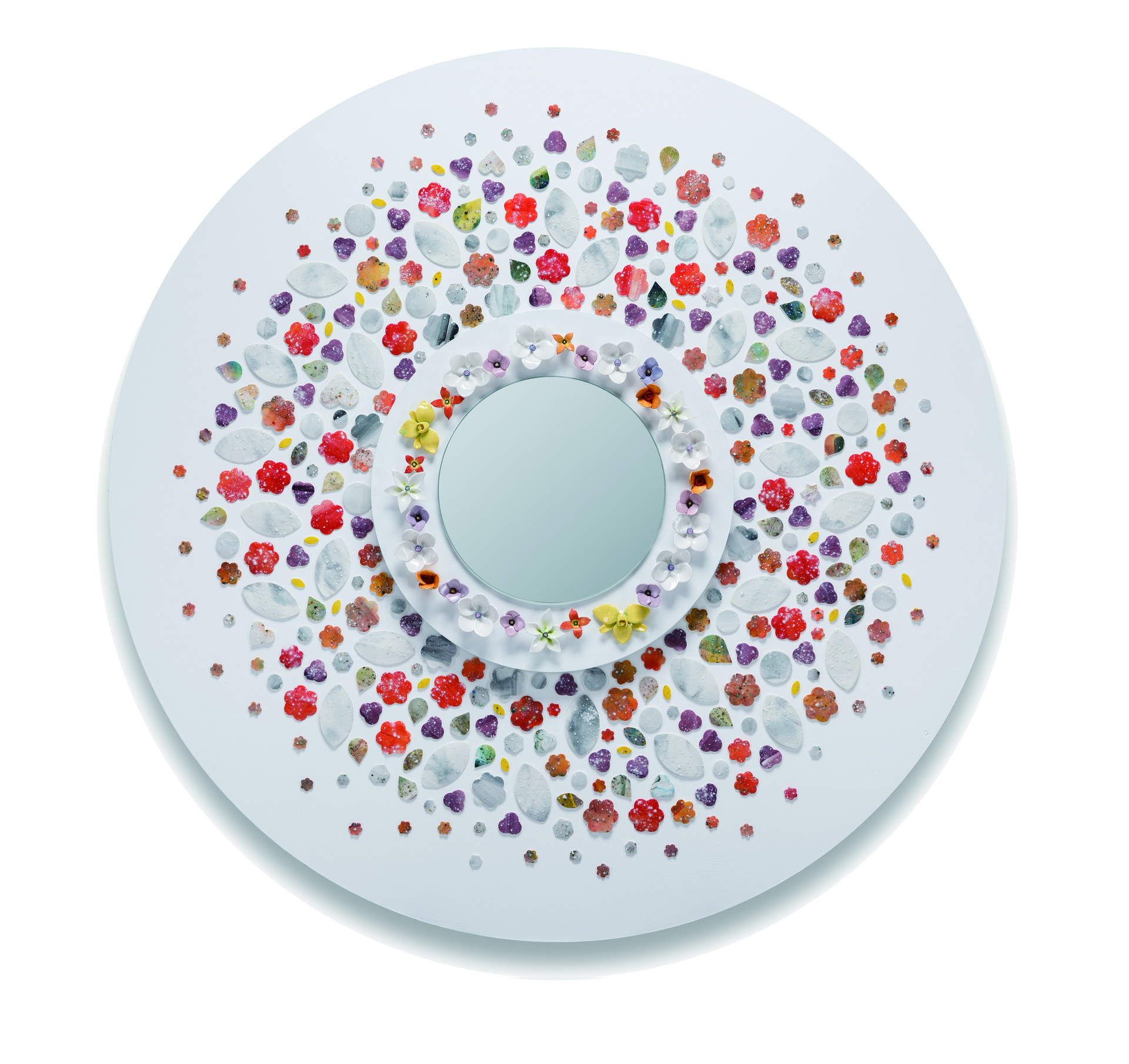 화색 _ Flower-like glow. Ceramic, acrylic, mirror on canvas, 100 x 100cm