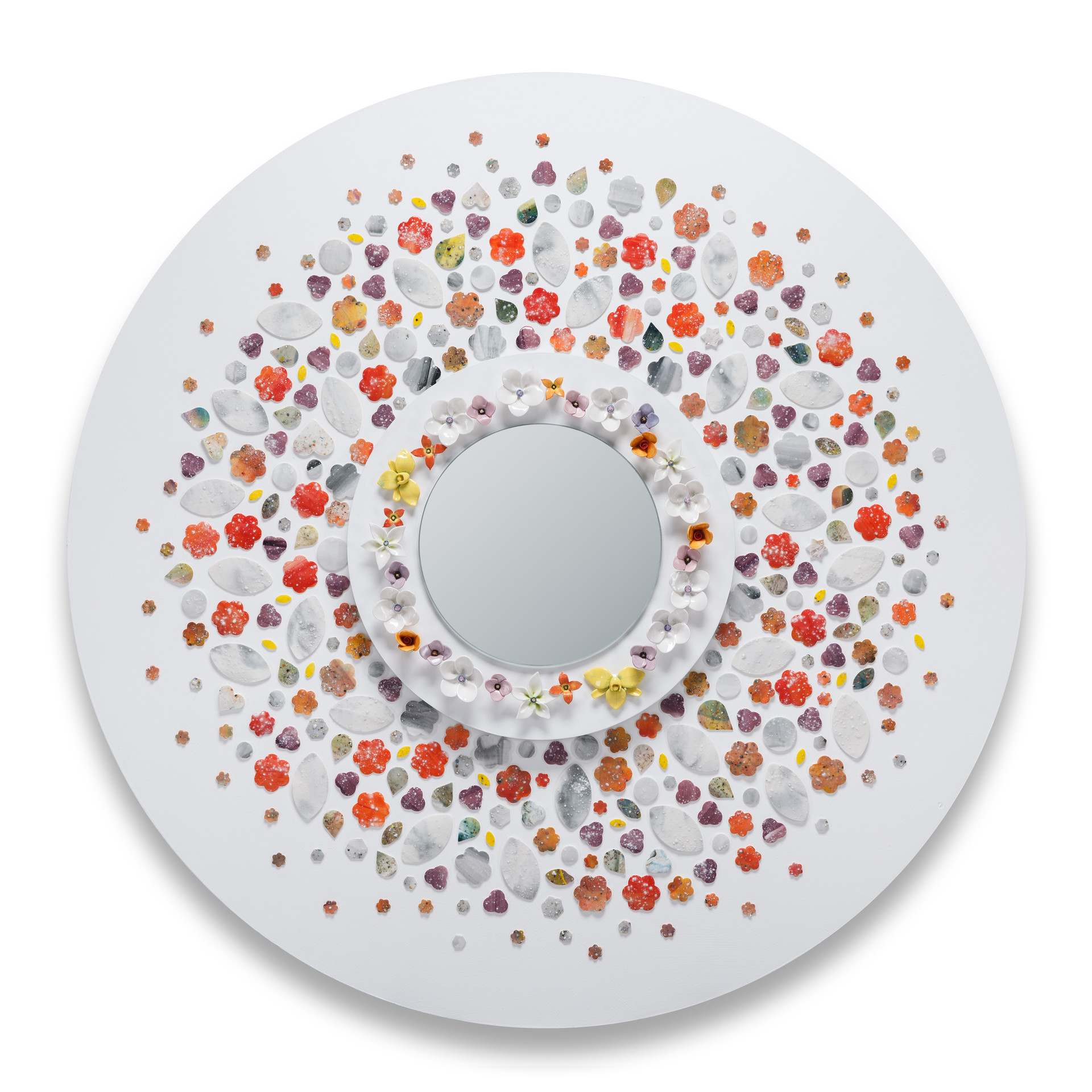 화색 _ Flower-like glow. Ceramic, acrylic, mirror on canvas, 100 x 100cm