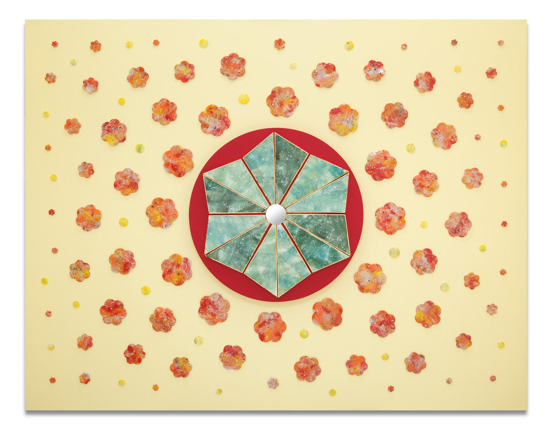 봄의 왈츠 _ Spring waltz. ceramic, acrylic, mirror on wood. 91x116.5cm