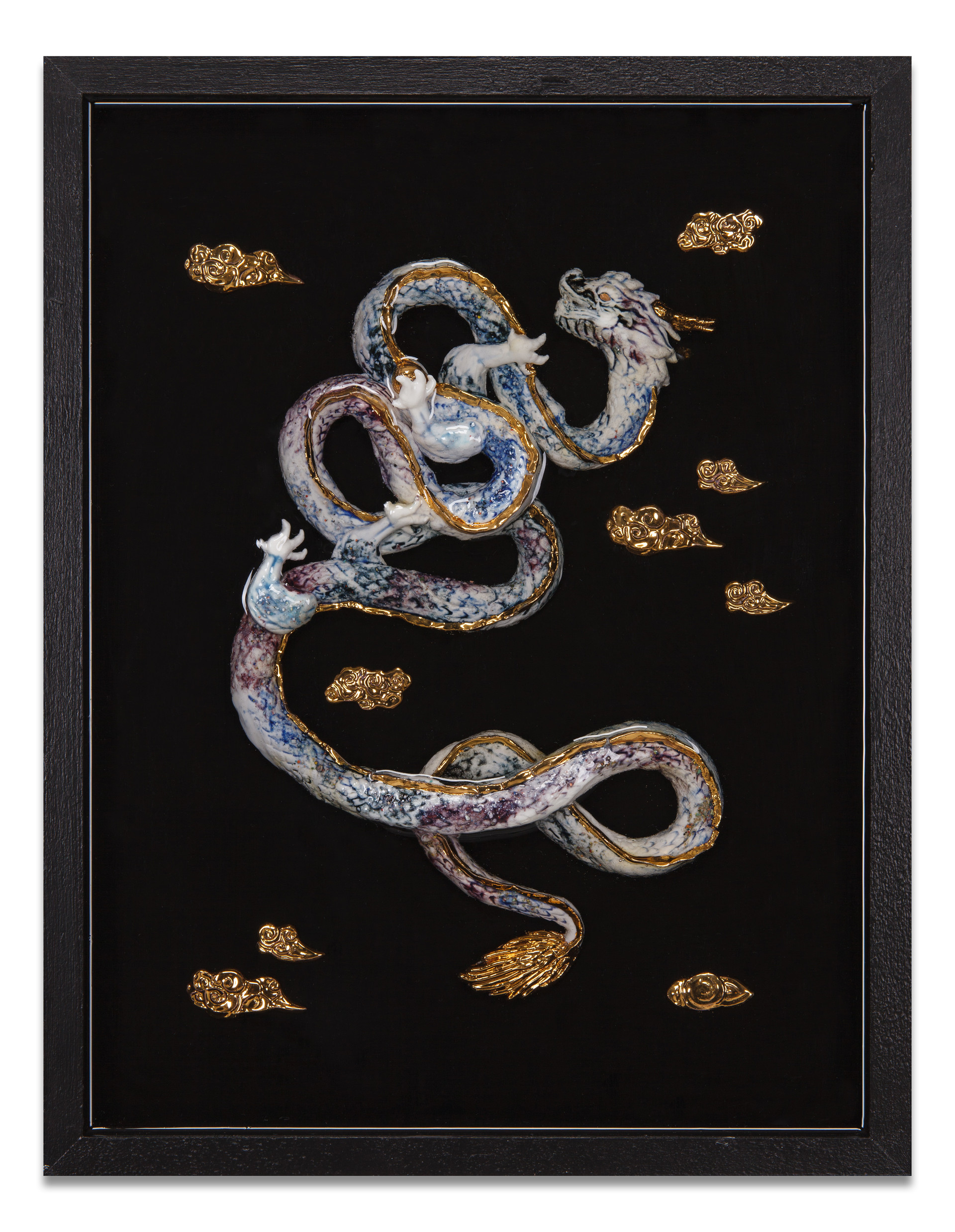 우주별 청룡 _ blue dragon. ceramic, 24k gold, resin on wood. 41 x 32cm