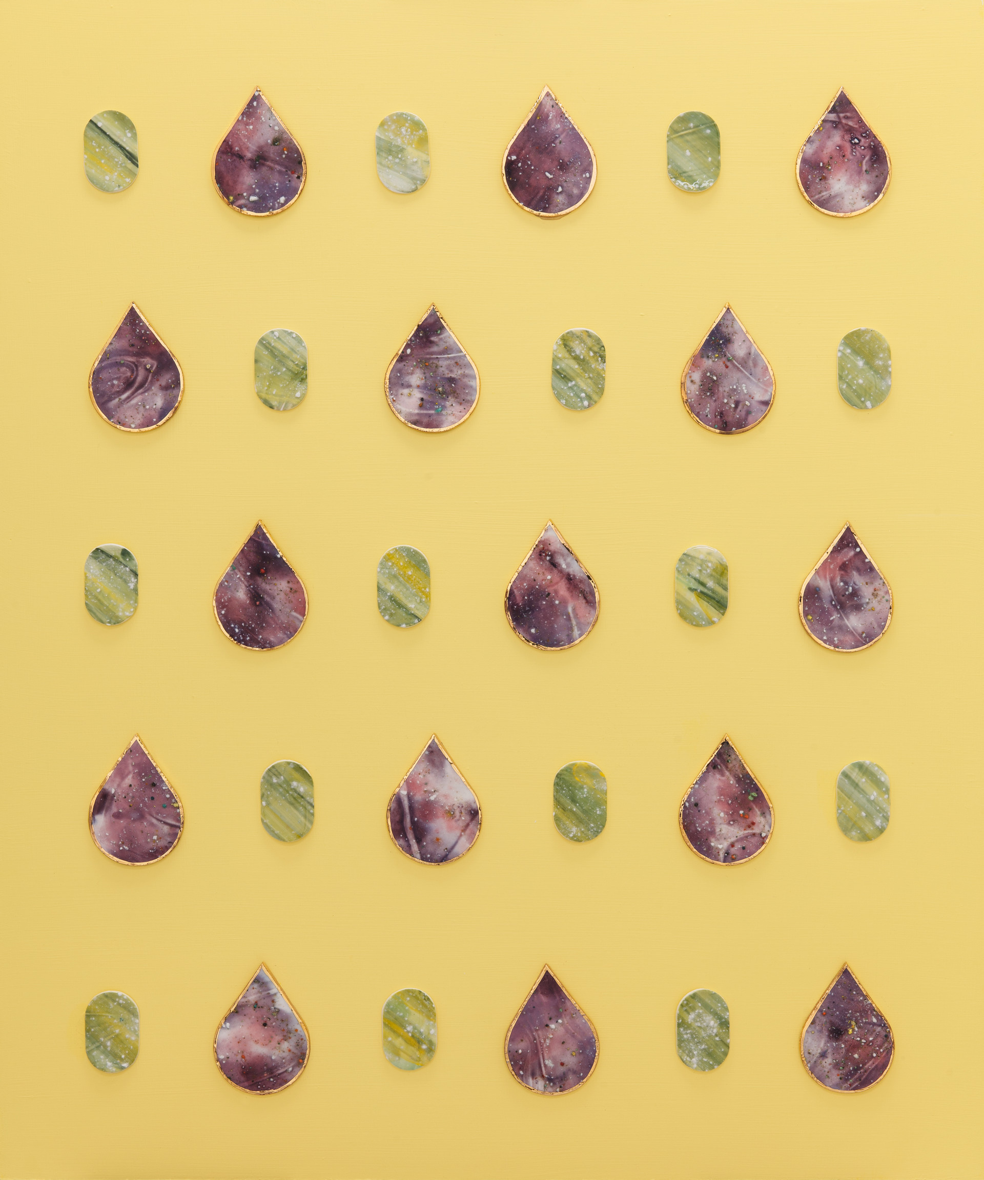 봄비 Spring rain. ceramic, 24k gold, acrylic on wood. 60.5x73cm