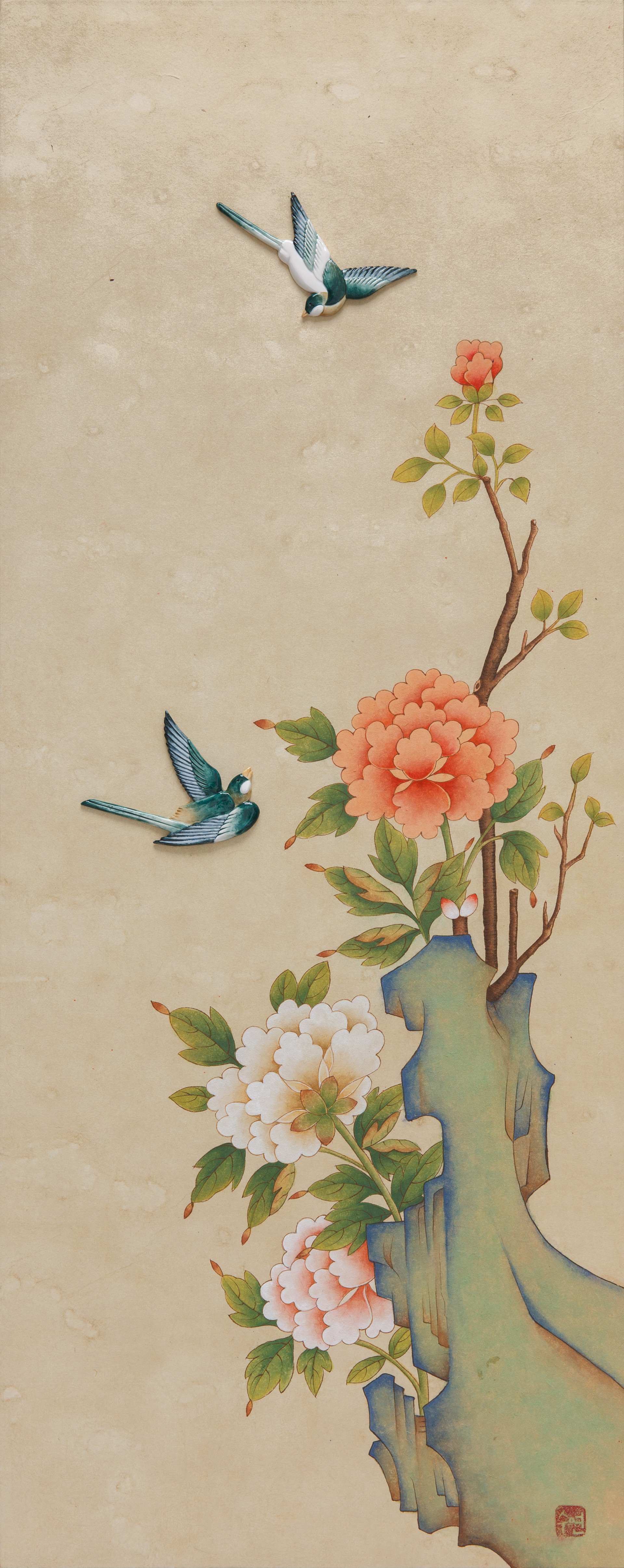 화조도 _ Flower and Bird. ceramic. ceramic, colors on paper. 36x83cm