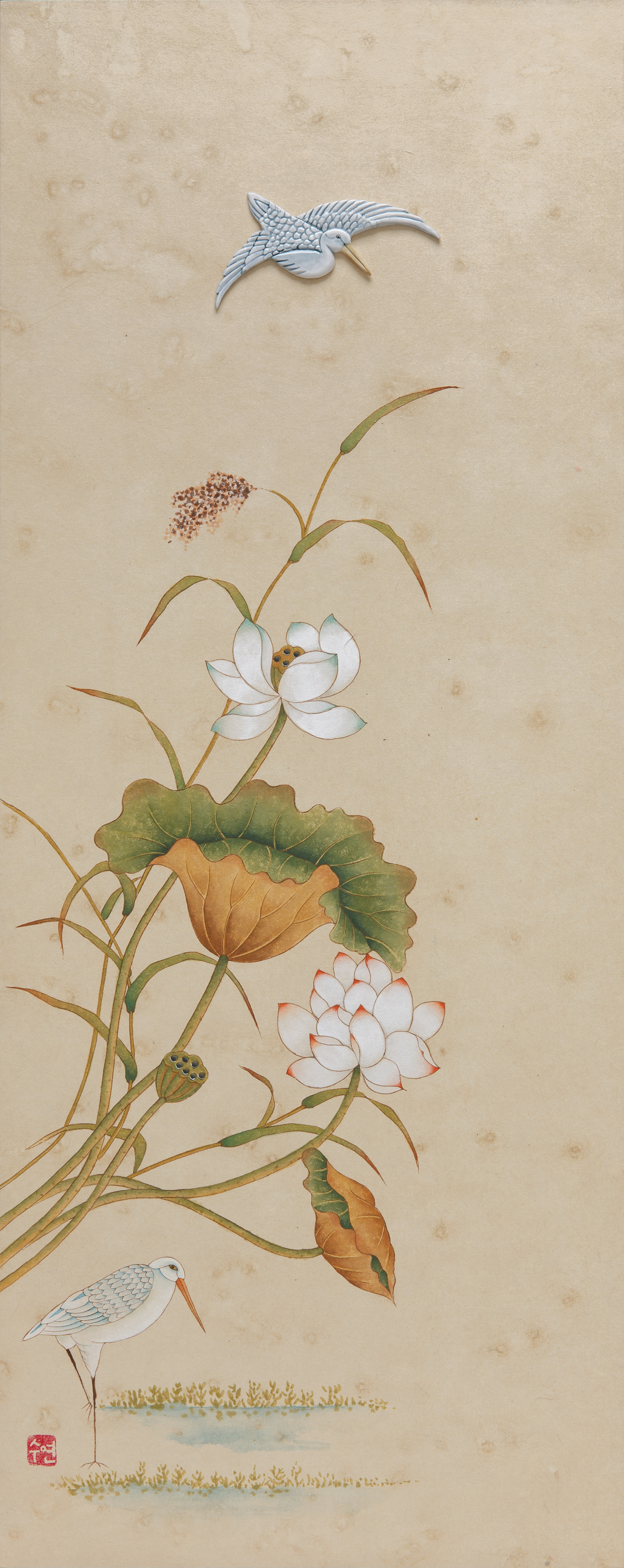 화조도 _ Flower and Bird. ceramic. ceramic, colors on paper. 36x83cm