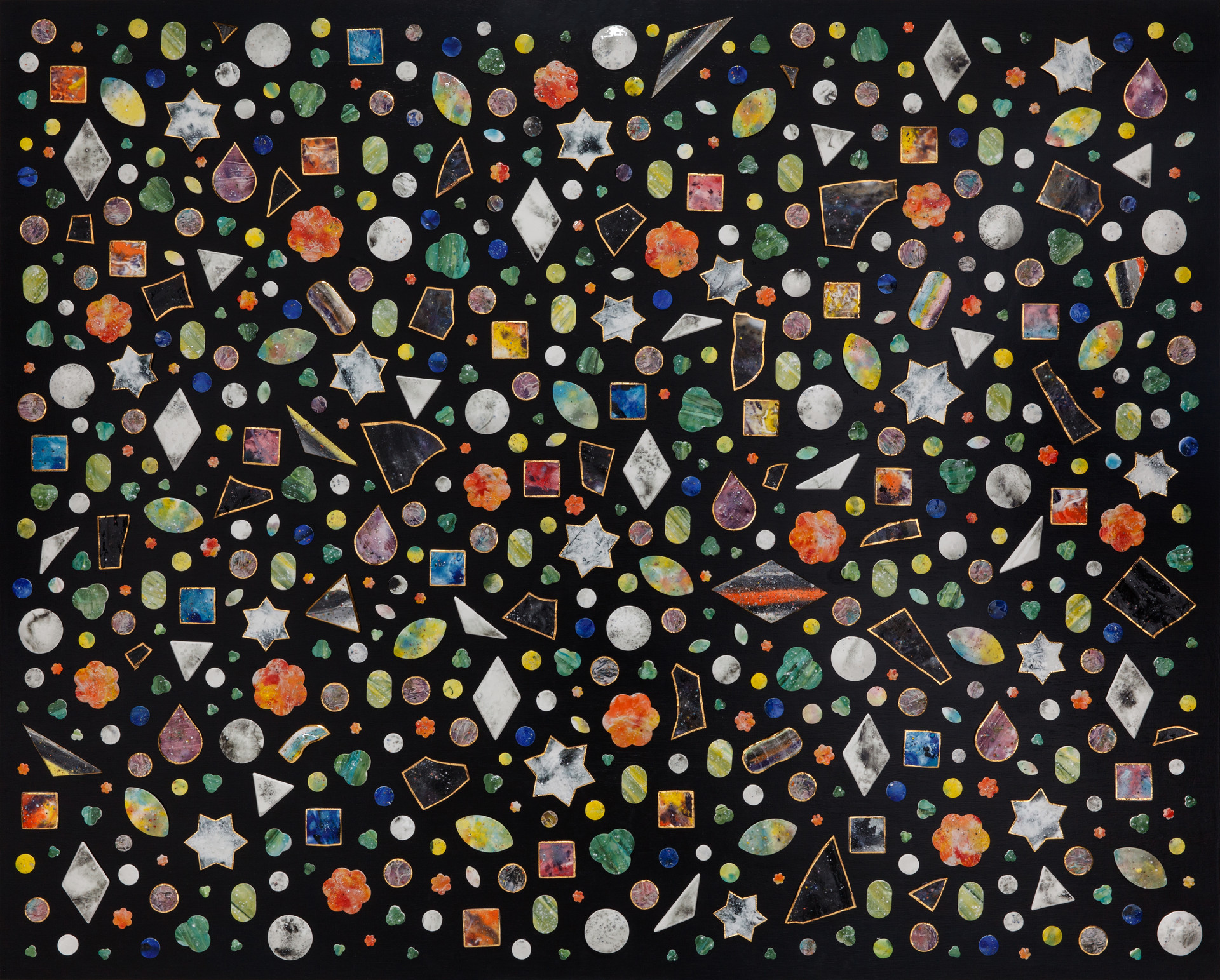 코스모스 _ Cosmos. ceramic, 24k gold, acrylic on wood. 130x162cm