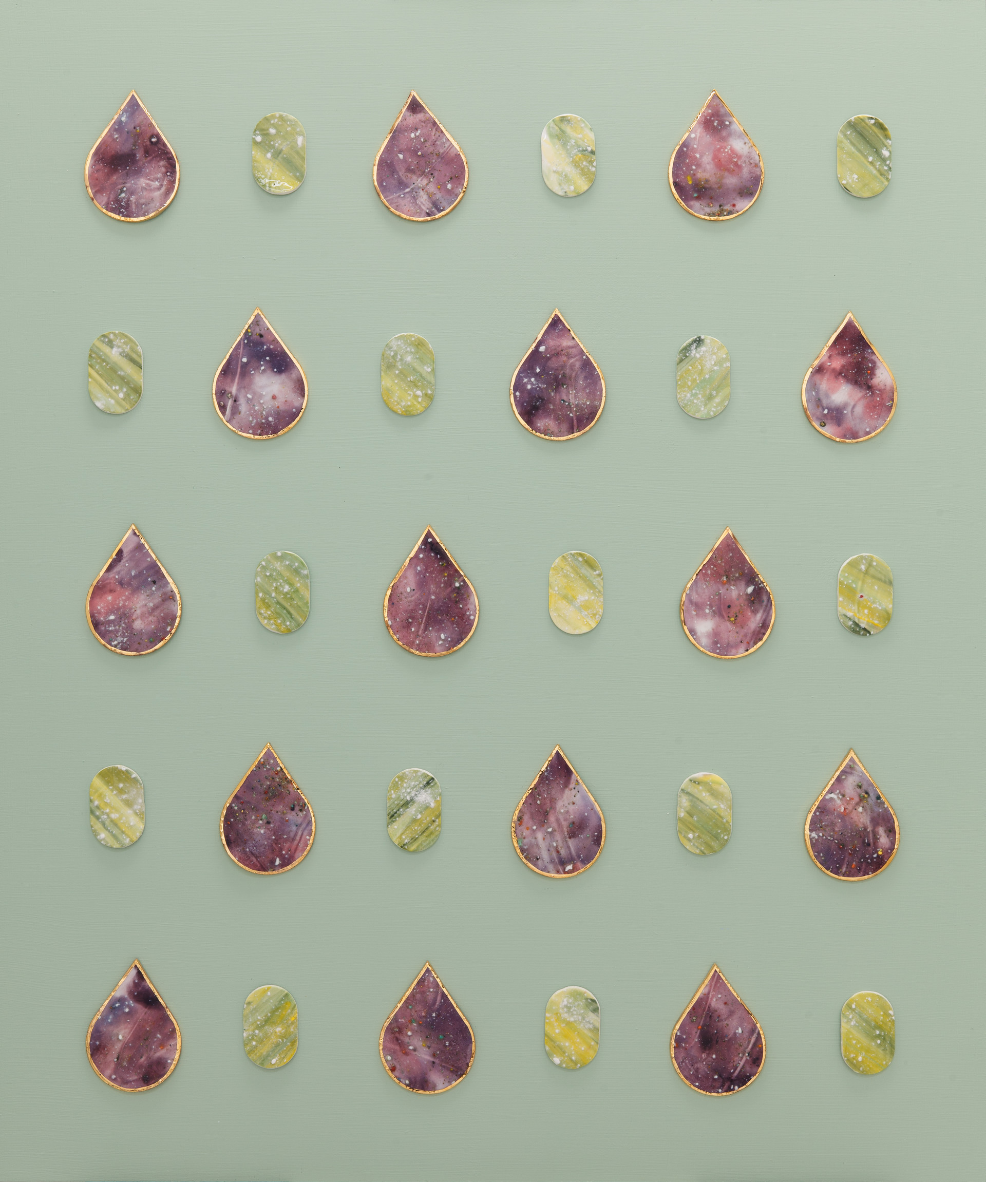 봄비 Spring rain. ceramic, 24k gold, acrylic on wood. 60.5x73cm