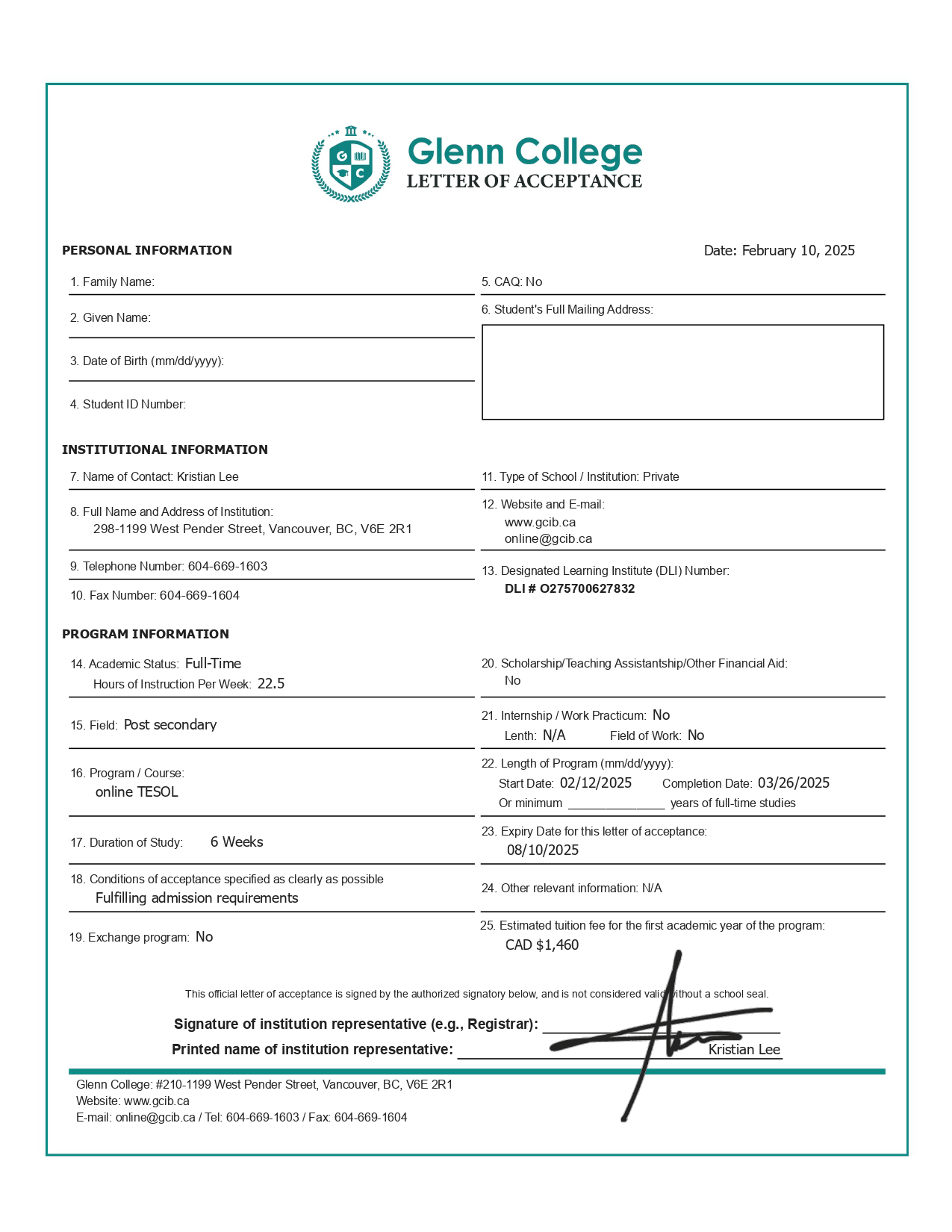 (letter of admission)