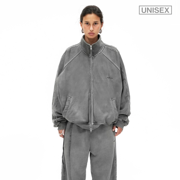 604サービス　BEADED TRACK JACKET セットアップ BEADED TRACK JACKET IN PIGMENT WASHED GREY : 604SERVICE