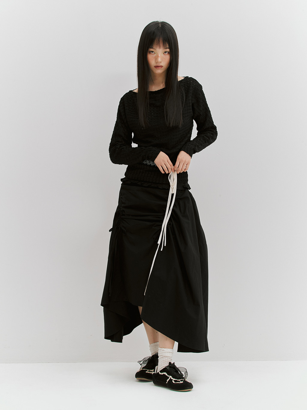 ★MEENDERI★SHIRRING RIBBON LONG SKIRT - BLACK★正規品/人気 MUSINSA | MEENDERI SHIRRING RIBBON LONG SKIRT - BLACK