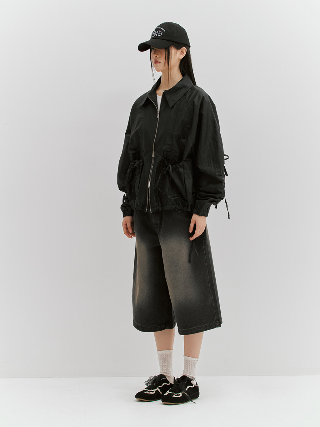 ★MEENDERI★SHIRRING RIBBON JACKET - BLACK★正規品/直送料込 MEENDERI] SHIRRING RIBBON JACKET - BLACK