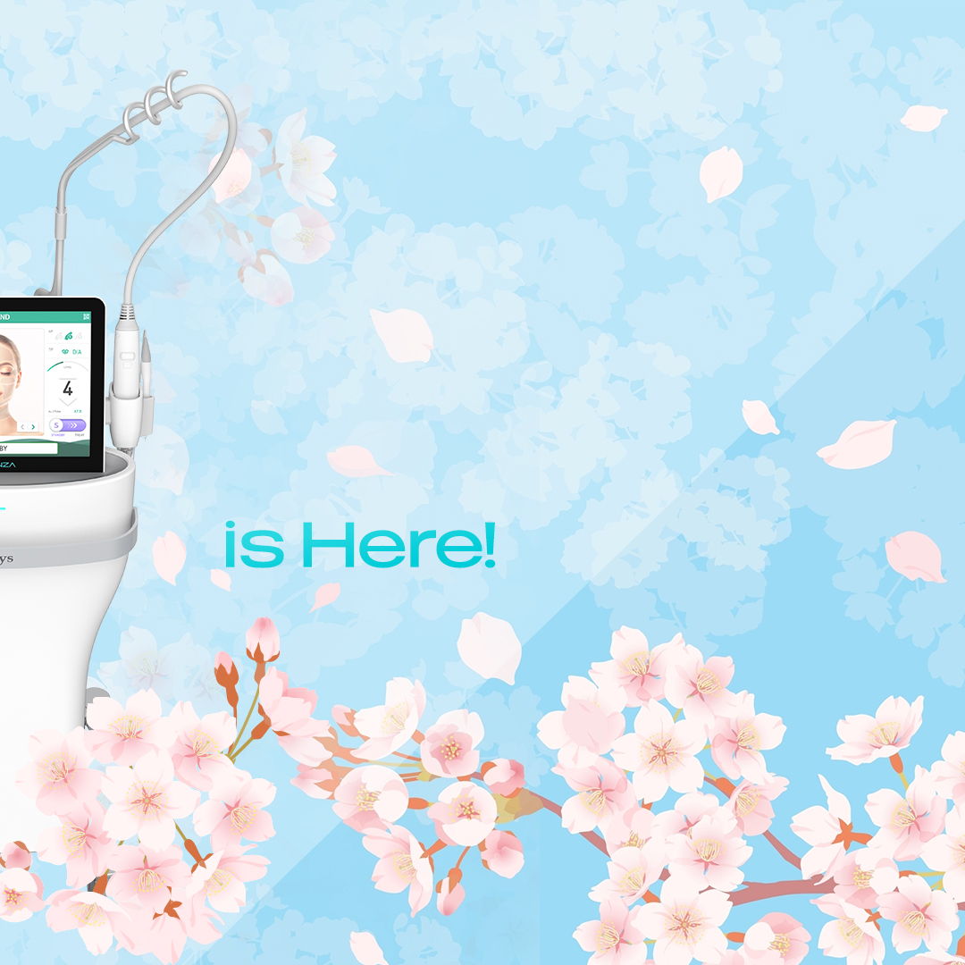 포텐자 봄 시즌 안내 이미지. 벚꽃 배경과 Spring is Here 문구