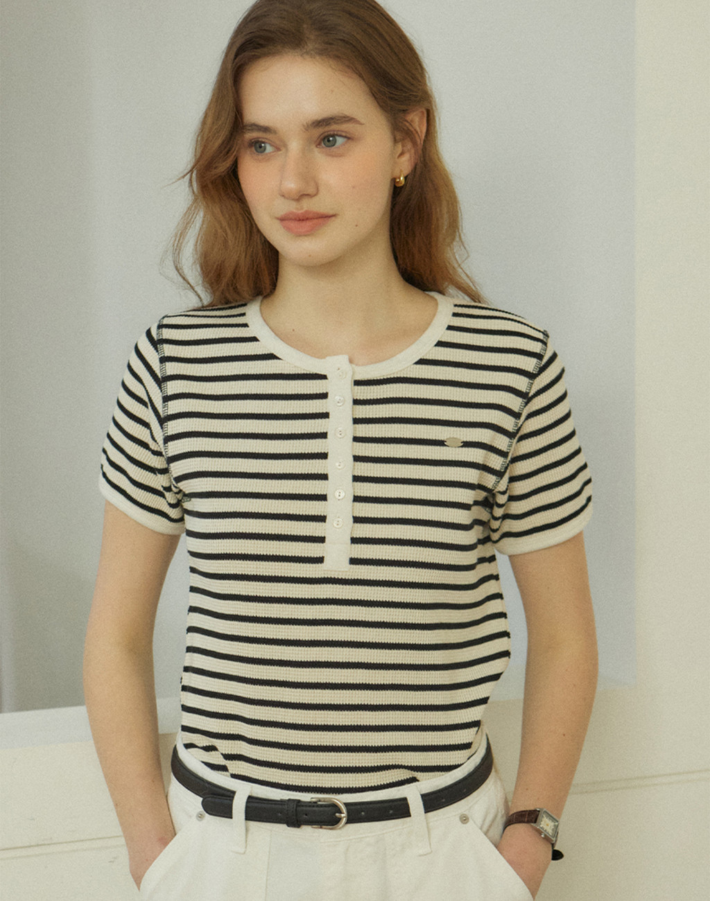 Port Henley Neck Stripe T-shirt - Black : [아워호프] 당신의