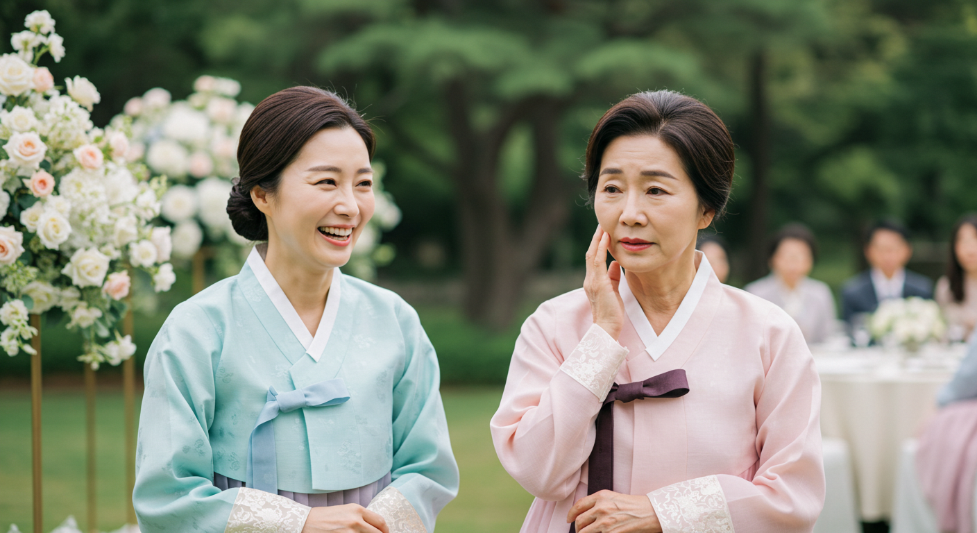 천안 스노우의원 리프팅 동안 시술 안내 이미지. 야외 행사장에서 한복을 입은 두 여성