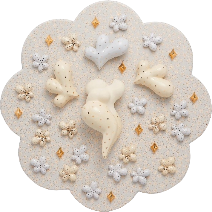 <br><b style="font-size:20px;">Pure land(flower)11</b><br>58 x 58 cm<br>Ceramic on wood<br>2024