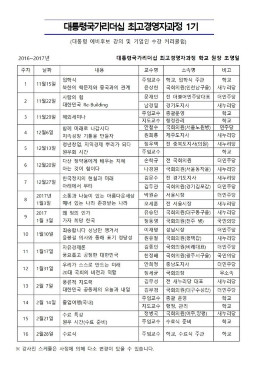 대통령국가리더쉽 쿼리큘럼 수업표