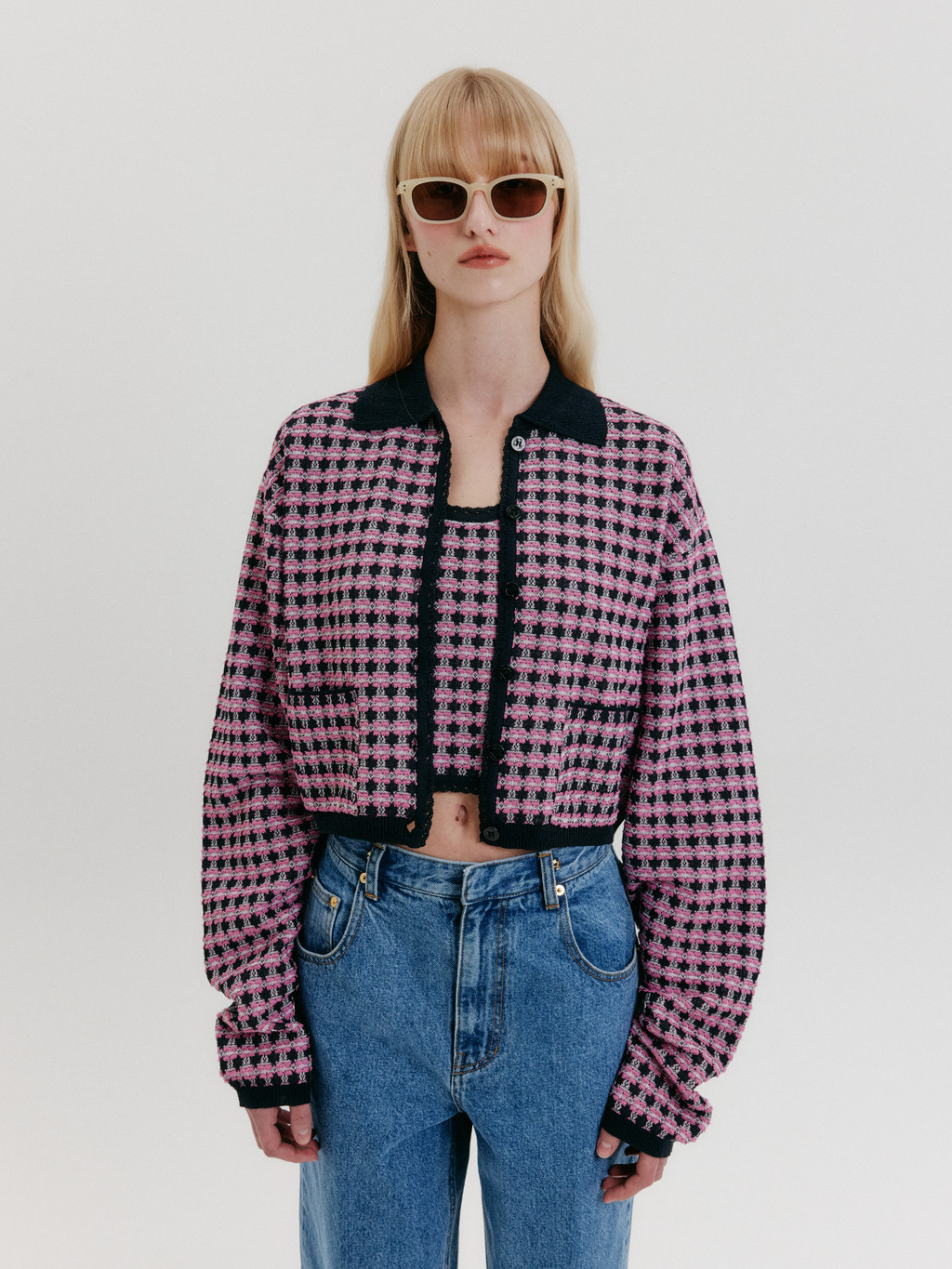 Check Knit Cardigan - Navy/Pink* : EENK SHOP