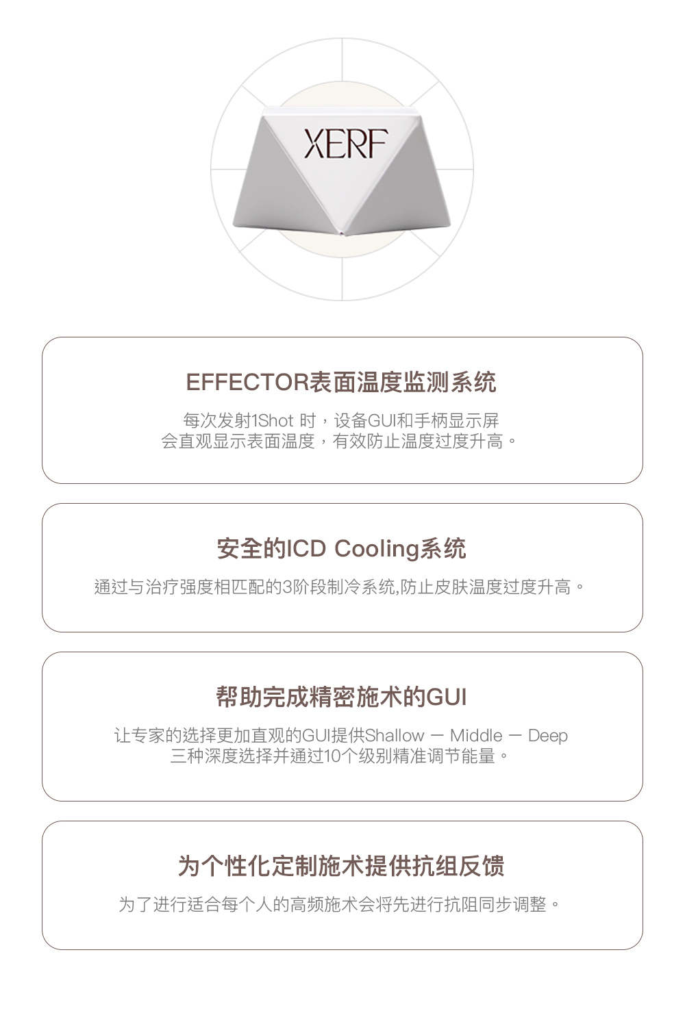 由两种频率组合而成的三重深度(Depth)，可根据肌肤特性扩散热能。