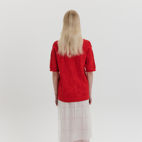 [EENK] / ☆ Contrast Knit Top / Red Jacquard Knit Top - Red : EENK SHOP
