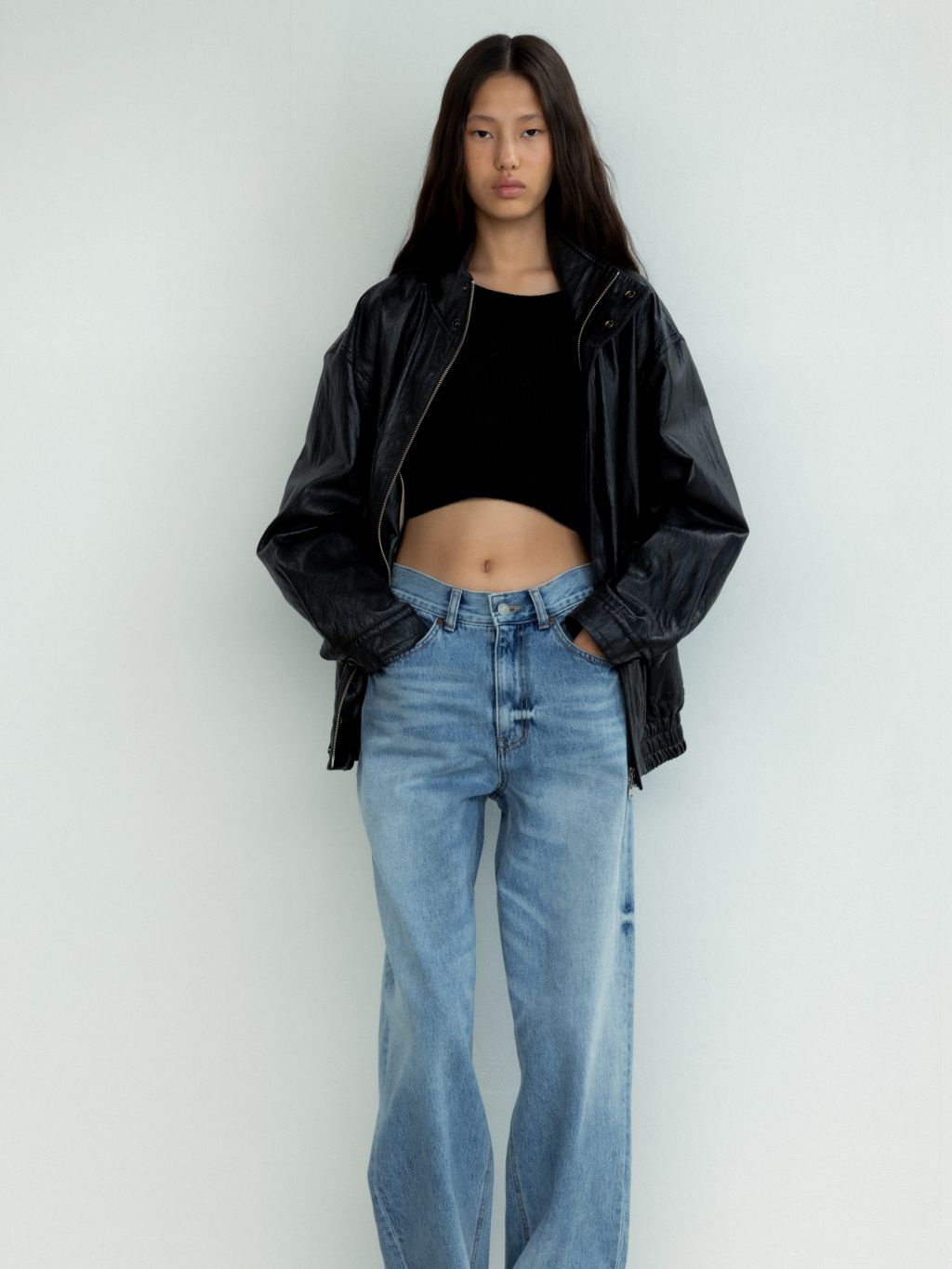 [MONOHA] / ☆ 25SS High neck volume jumper / 2 COLORS High neck leather jumper (ash black) : MONOHA