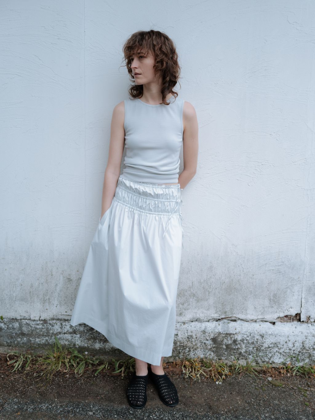 スカート MONOHA : 25SS / Cotton shirring skirt (2colors) Cotton shirring skirt (light gray / dark gray / white