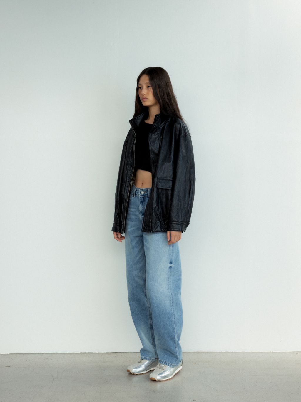 [MONOHA] / ☆ 25SS High neck volume jumper / 2 COLORS High neck leather jumper (ash black) : MONOHA