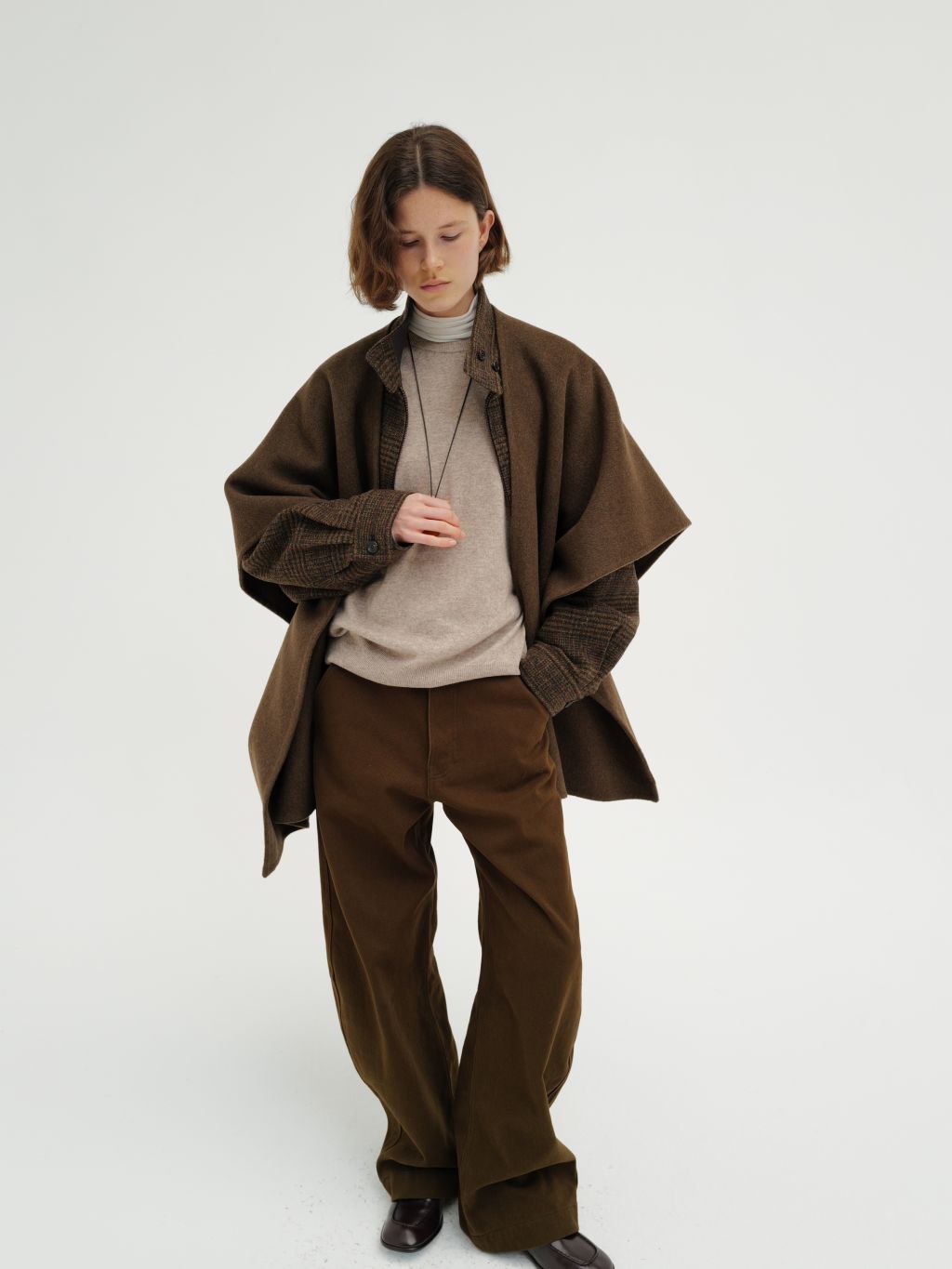Cotton curve pants (brown / ivory / black) : MONOHA
