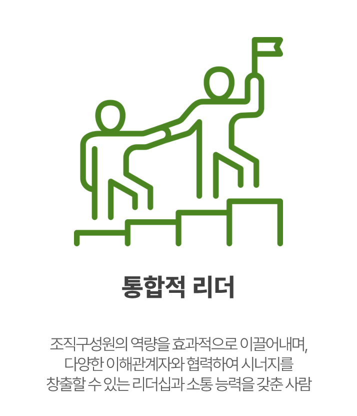  조직구성원의 역량을 효과적으로 이끌어내며, 다양한 이해관계자와 협력하여 시너지를 창출할 수 있는 리더십과 소통 능력을 갖춘 사람