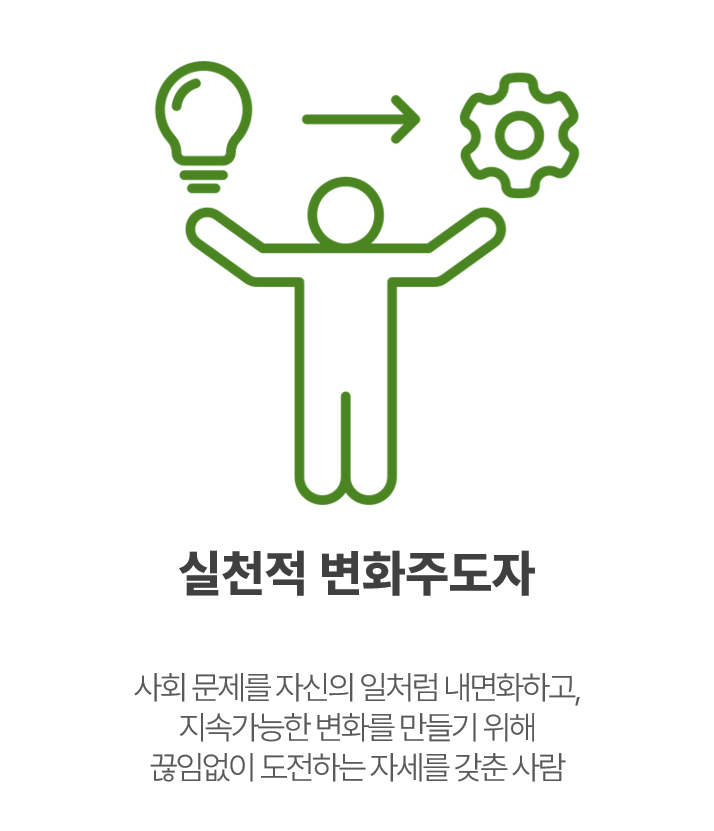  사회 문제를 자신의 일처럼 내면화하고, 지속가능한 변화를 만들기 위해 끊임없이 도전하는 자세를 갖춘 사람