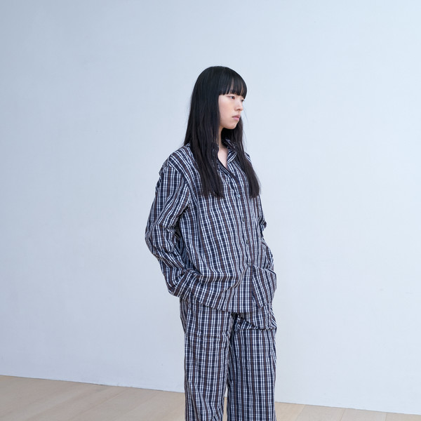 パンツ MONOHA : 25SS / Crisp check banding pants (navy) Exclusive] Crisp check banding pants (navy) : MONOHA