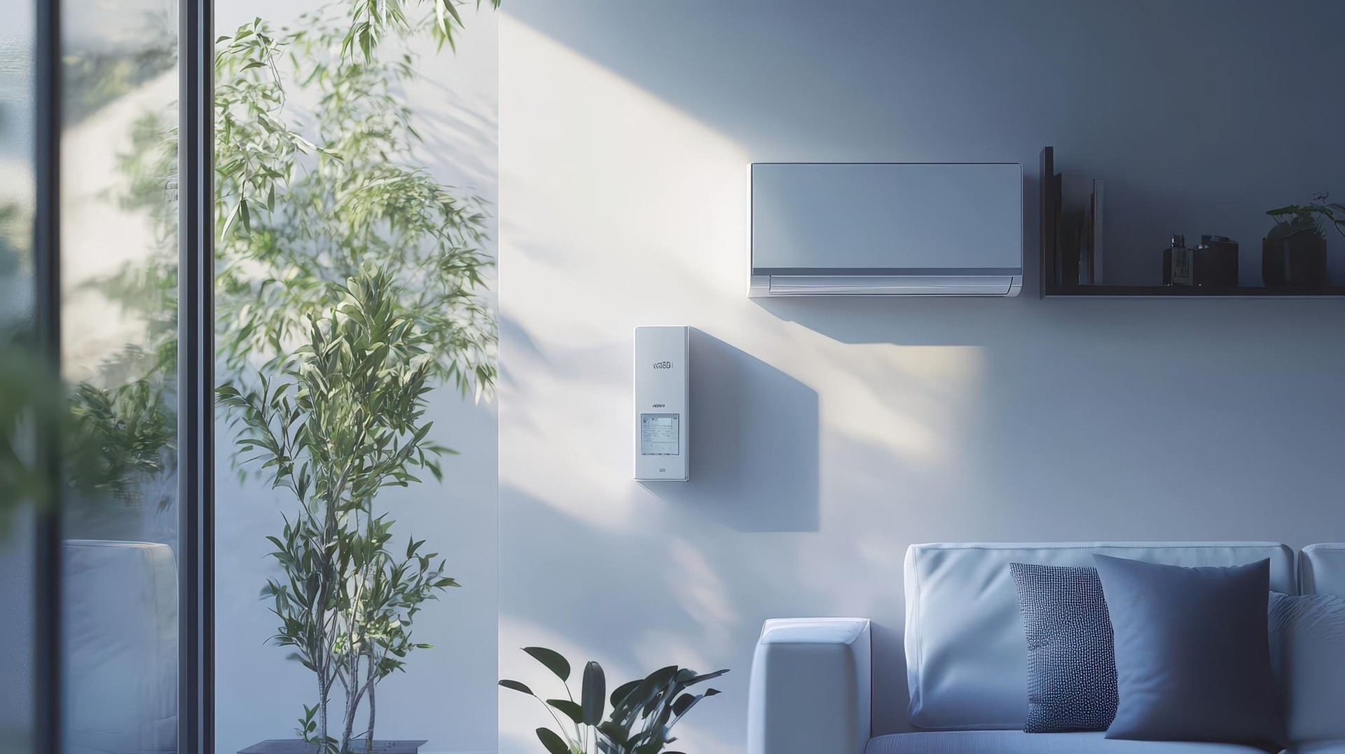 A modern living room with a system air conditioner on the ceiling, giving a trustworthy and clean feeling.