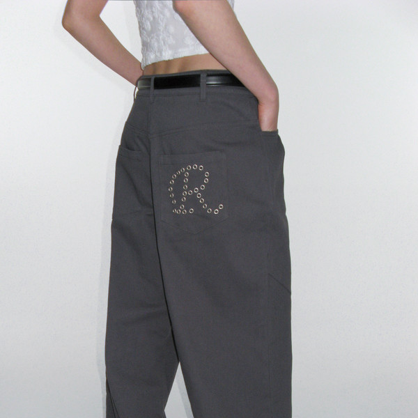 ★ROCKCAKE★ EYELET R POCKET CURVED PANTS Eyelet R Pocket Curved Pants - Charcoal : 락케이크 Rock Cake