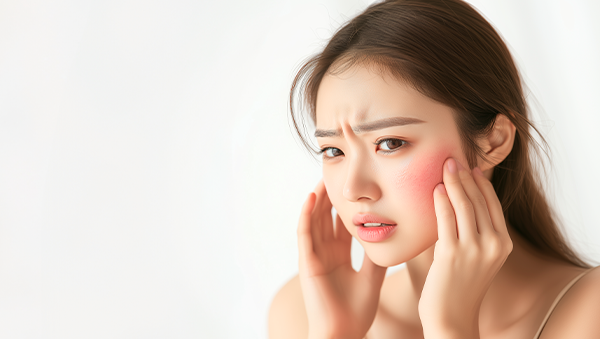 피부 트러블로 속상해하는 여성