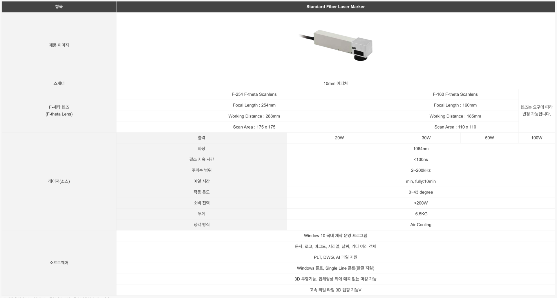 fiber레이저마커 사양표 이미지