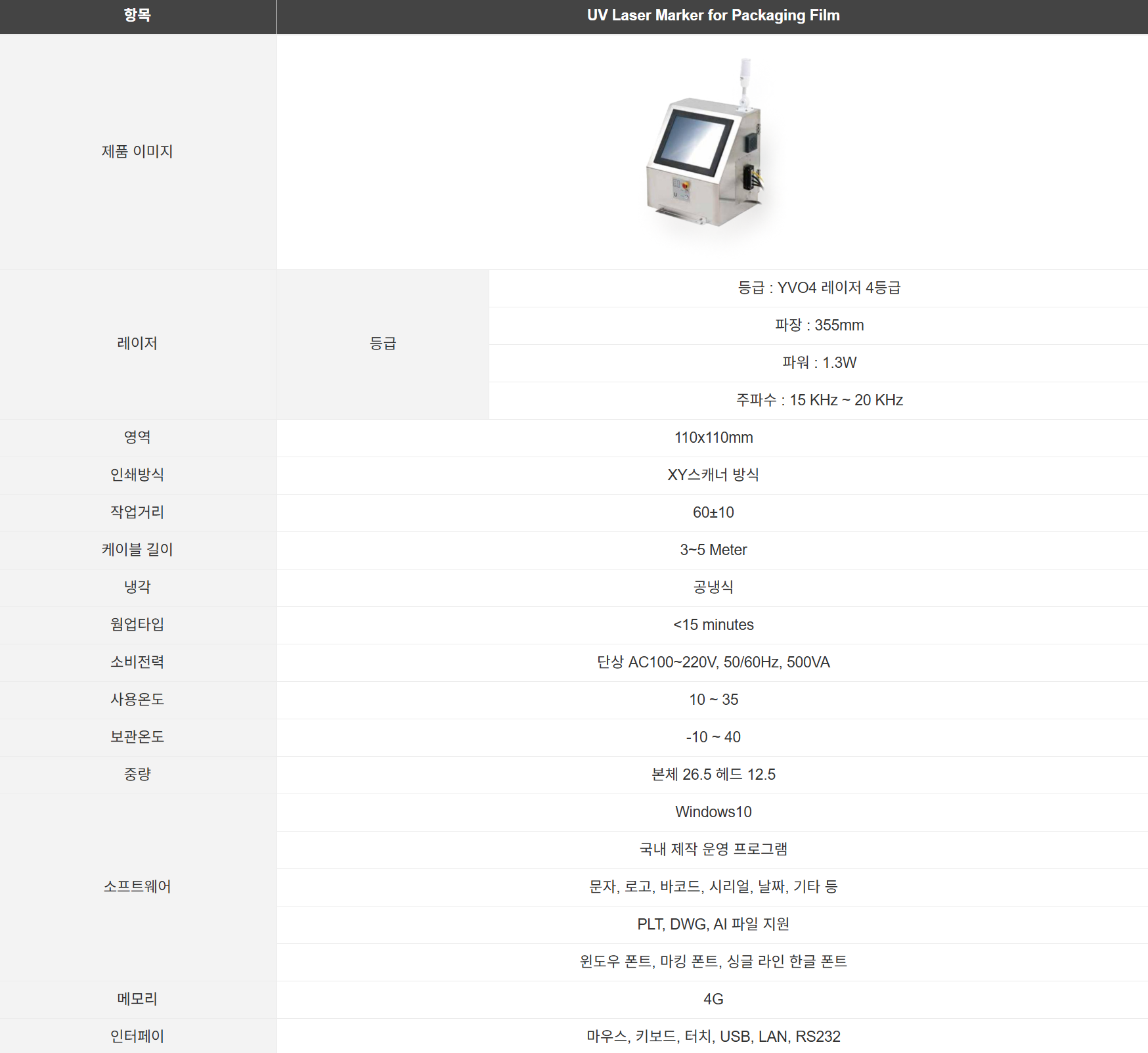 포장필름용 uv 레이저마커 사양표