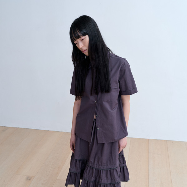 Linen lace trimmed shirring skirt (white / gray) : MONOHA