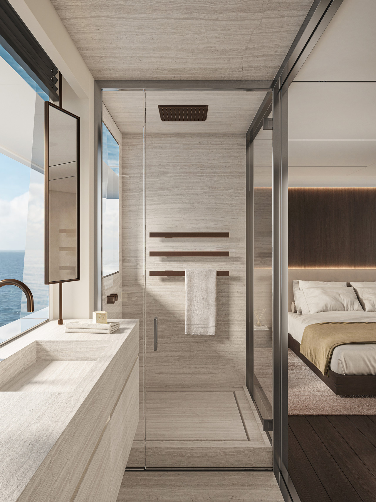 <br><p align="left">Setting: walk-in shower on a yacht<br>Finish: Matt Brushed Tin</p>
