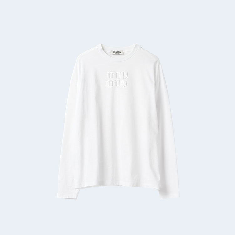미우미우 엠브로이드 화이트 코튼 티셔츠